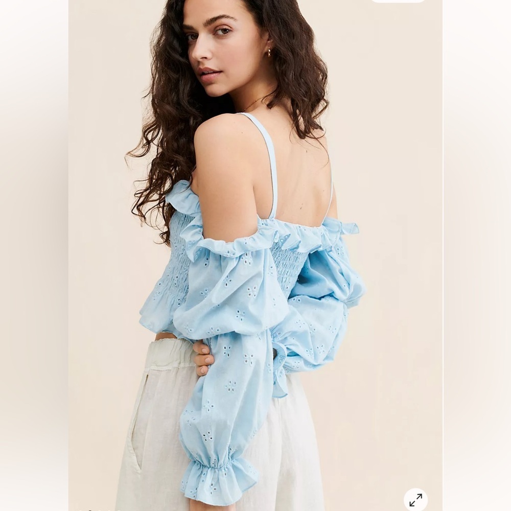 Allina Liu Blue Eyelet Off Shoulder Puff Sleeve Top Size XS Free People - Picture 2 of 7